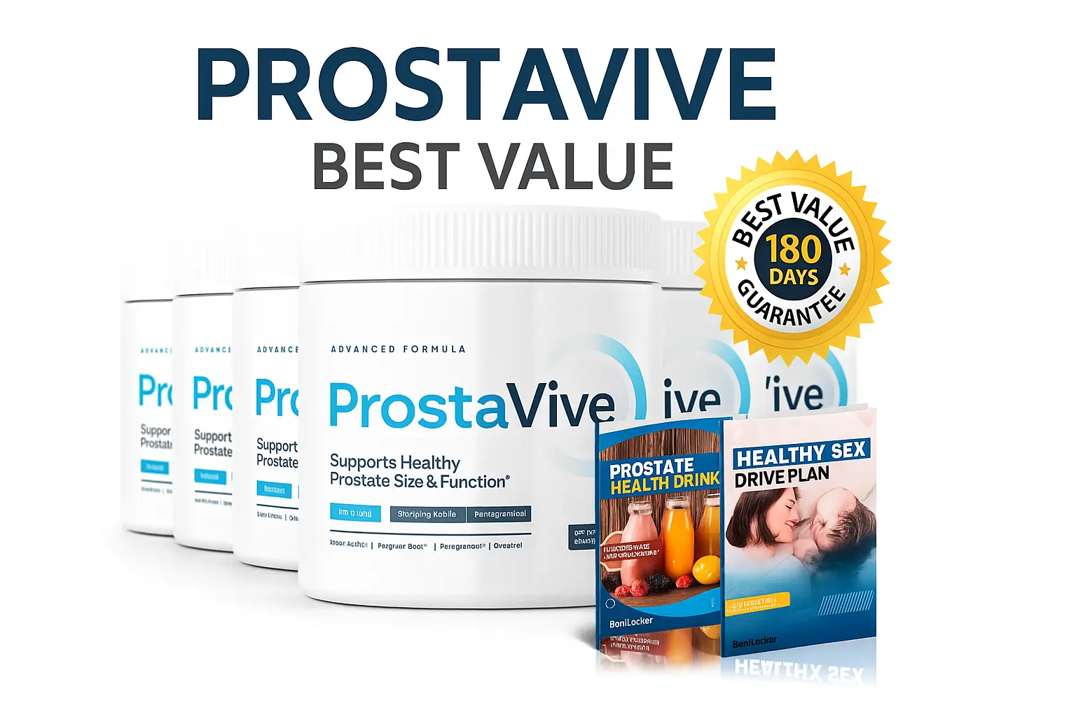 ProstaVive 6 bottles best value pack — 180-day money back guarantee, free Prostate Health Drink Guide and Healthy Sex Drive Plan bonus books