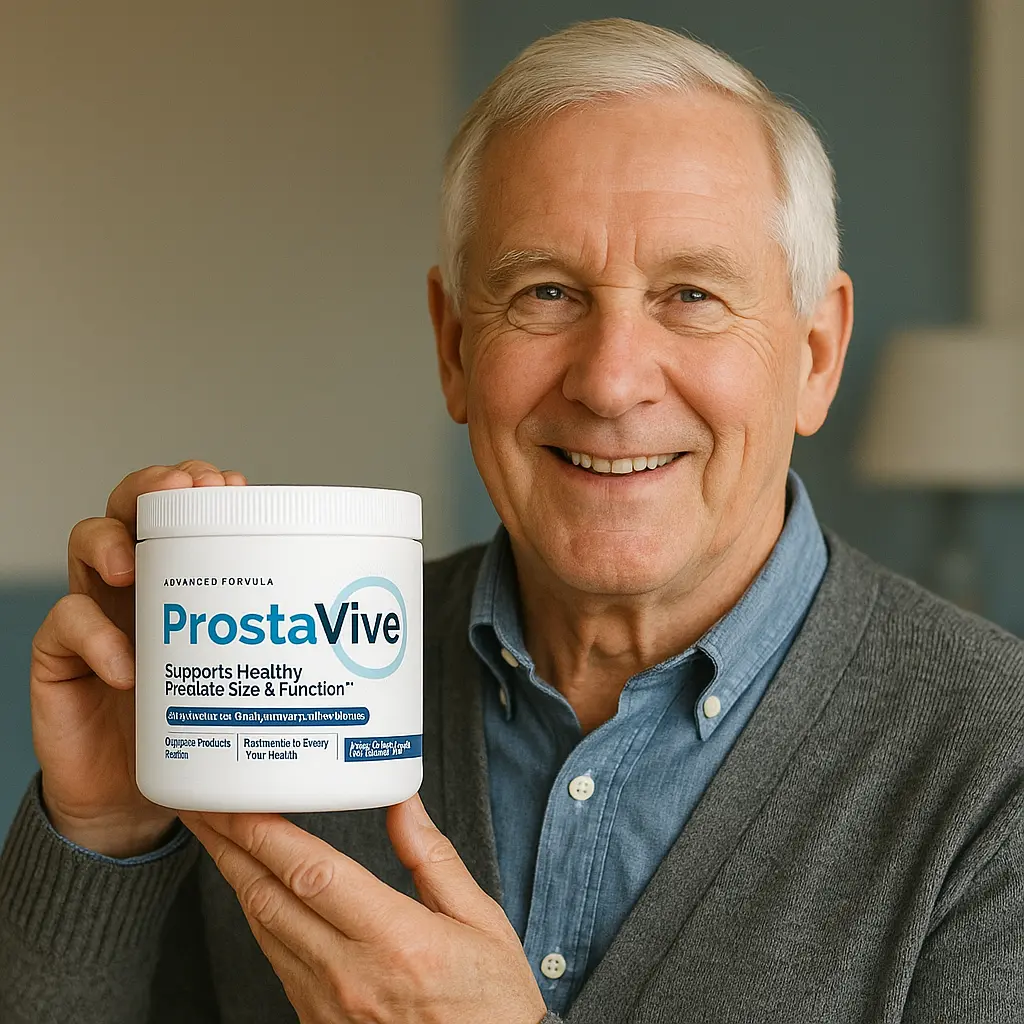 Gary P. age 66 verified ProstaVive customer holding ProstaVive supplement bottle