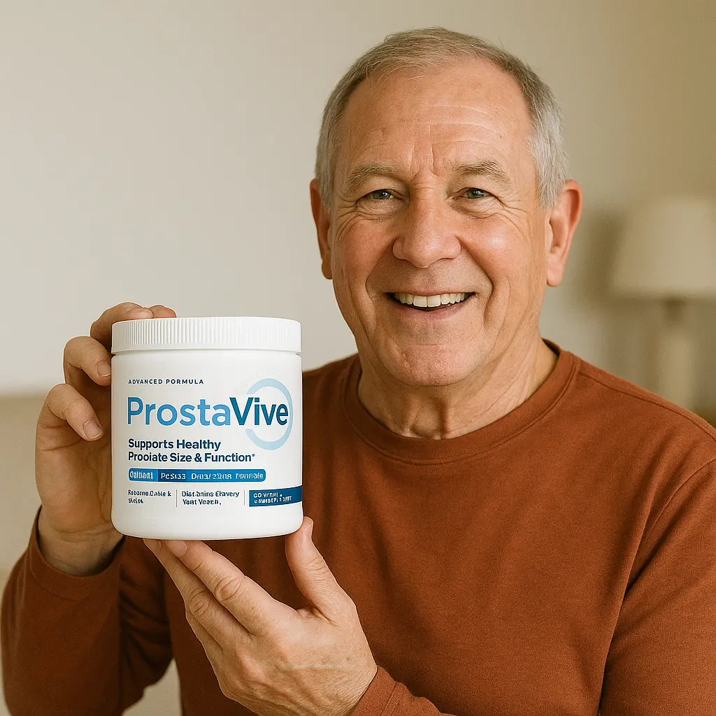 Thomas W. age 64 verified ProstaVive customer holding ProstaVive supplement bottle